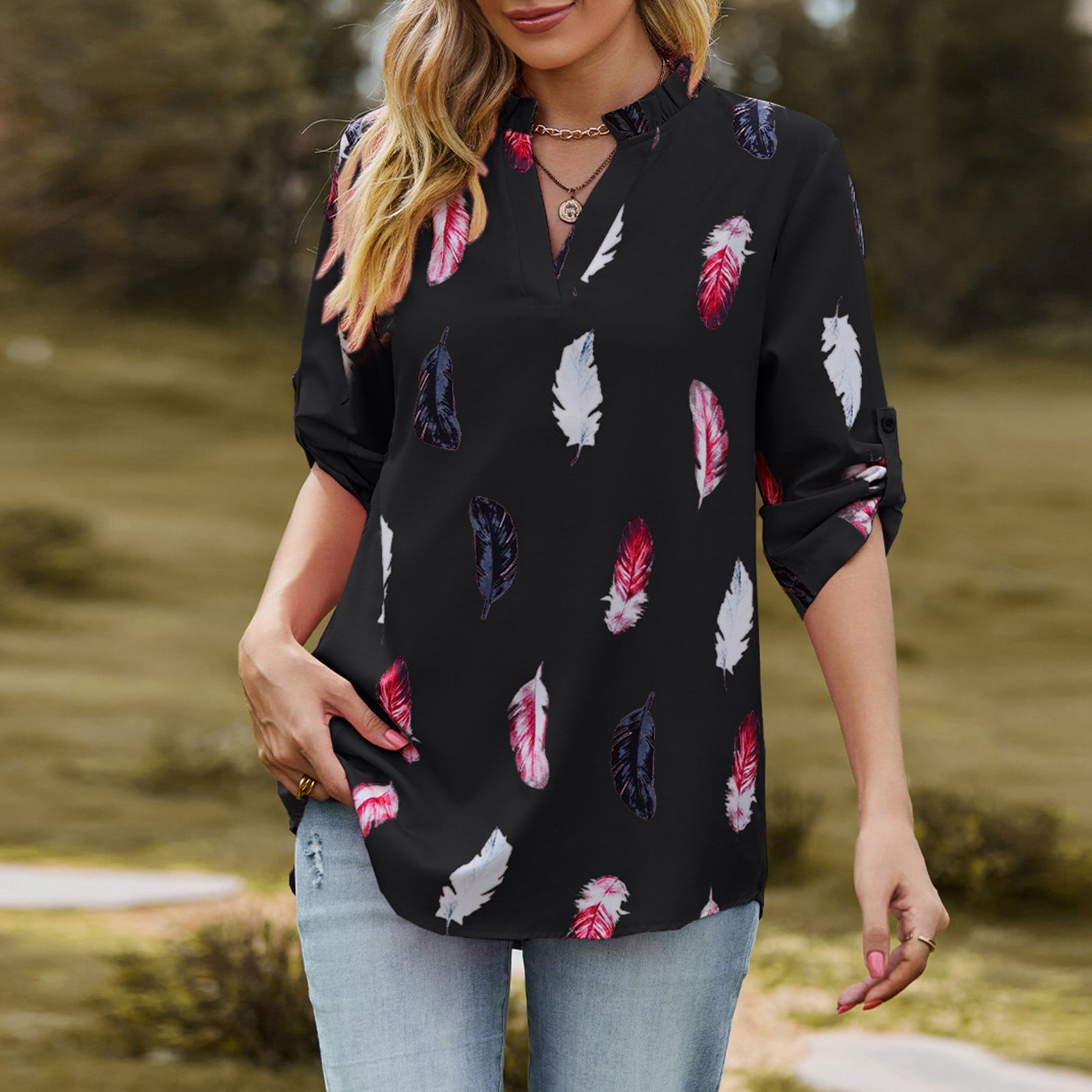 2024 Women Autumn New Women's V Neck Feather Print Quarter Sleeve Loose