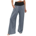thumbnail image 1 of 2024 Women Casual Summer Elastic Waist Flowy Beach Pants Cotton Linen Loose Fit Full Length Blue,2XL, 1 of 6