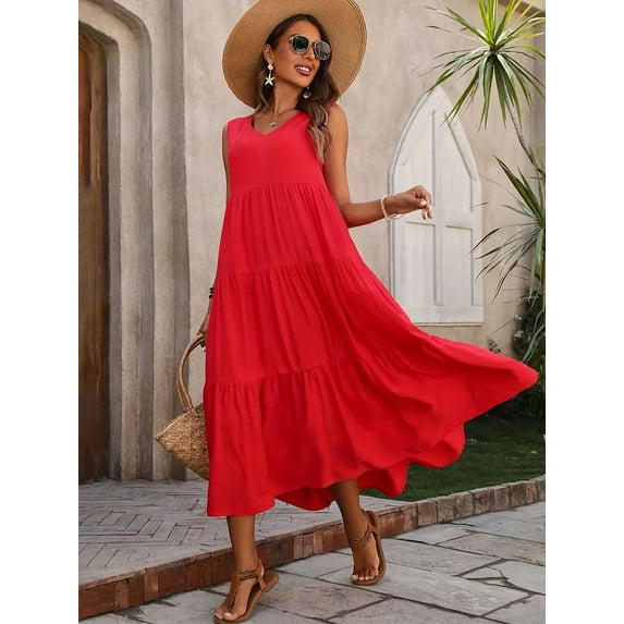2024 Women Dress Summer Casual Brand Vacation Holiday Beach Long Dresses V-neck Loose Elegant Yellow Black RUFFLES Dress Femme