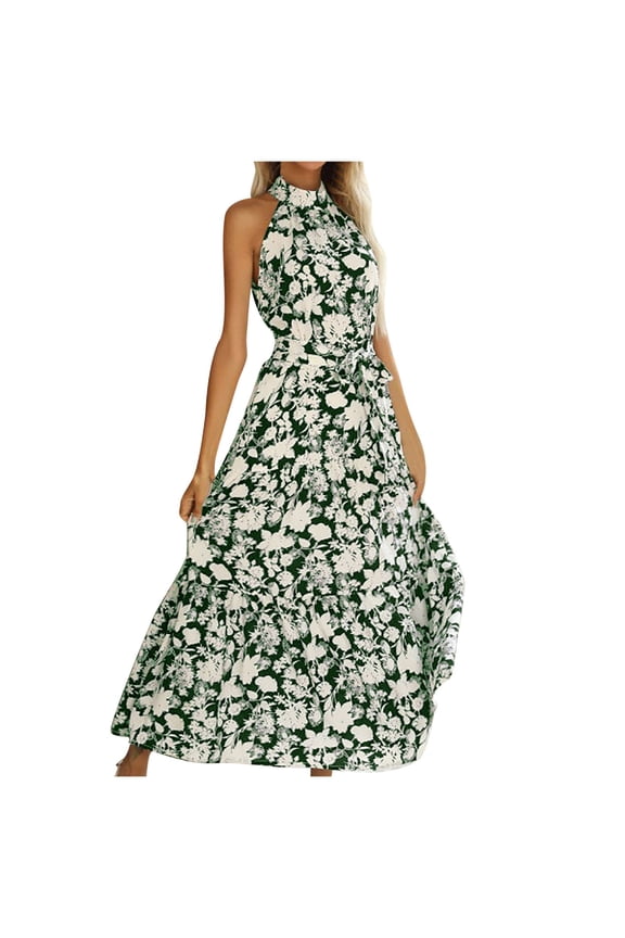 2026 Women Maxi Long Dress Tropical Print Halter Neck Backless Sundress Sleeveless Holiday Party Beach Dresses Green,S