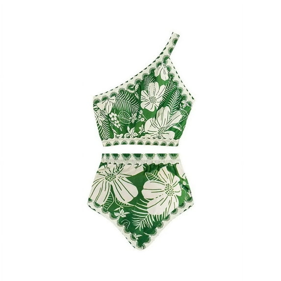 2024 Women One Shoulder Swimsuit Print Bikini Set Chiffon Beach Skirt Set