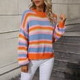 thumbnail image 1 of 2024 Women Round Neck Sweater Winter Puff Sleeve Knit Tops Loose-Fit Colorful Stripe Casual Pullover, 1 of 9
