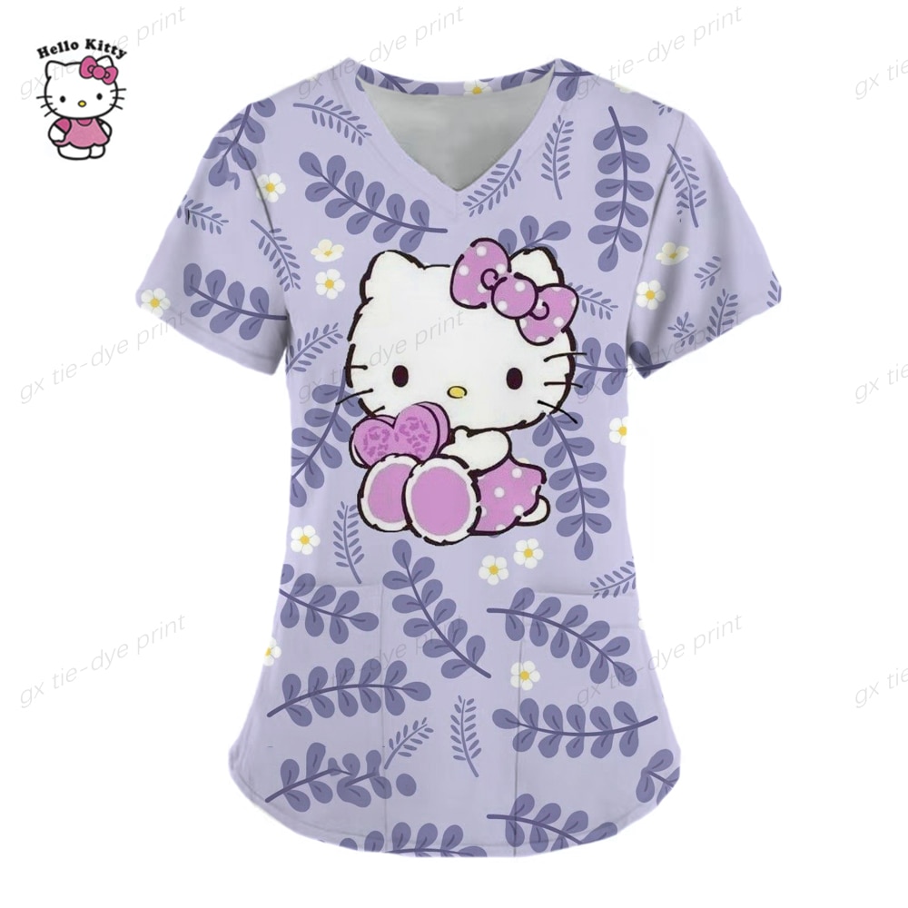 2024 Women Short Sleeve Hello Kitty Working Uniform Pocket Blouse