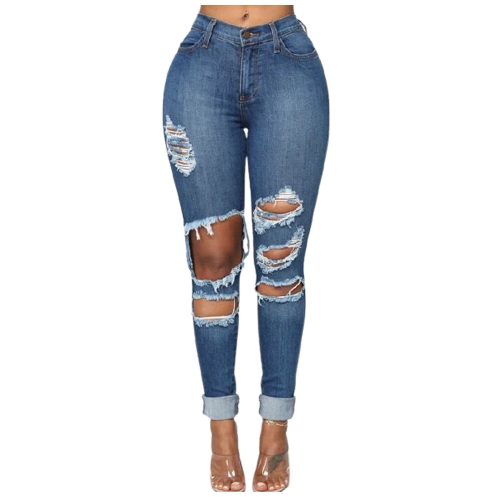 2024 Women Skinny Ripped Jeans Stretch Distressed Destroyed Denim Pants Womens Curvy High Waist Stretch Butt Lifting Skinny Colombian Jeans Blue XL Walmart