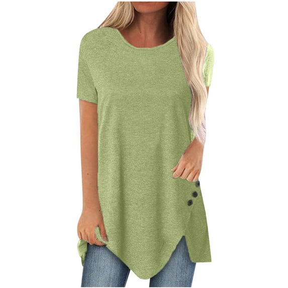 2024 Women Summer Tops Short Sleeve Shirts Tunic Plain Hide Belly Crewneck Button Side Blouses Tops to wear with Leggings