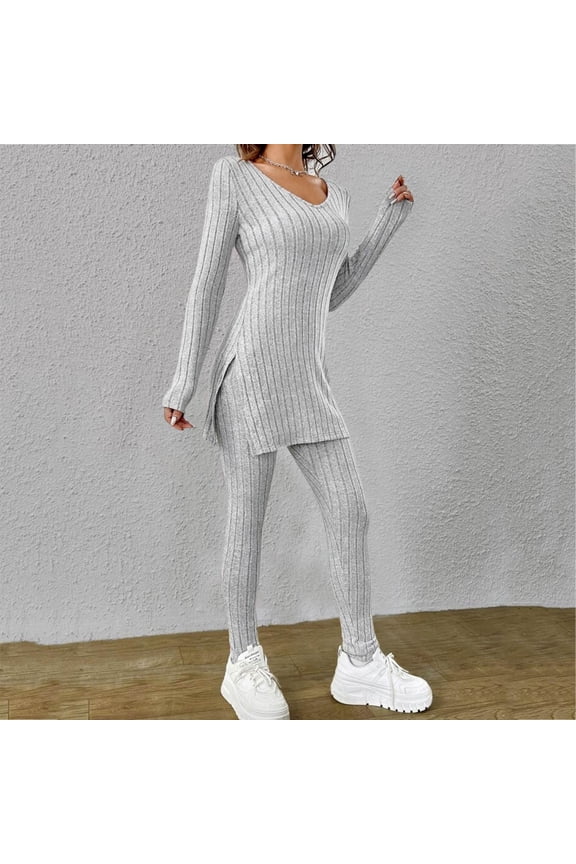 2024 Women Two Piece Outfits Set Long Sleeve V Neck Slit Hem Tee Shirt High Waist Pants Tracksuit Dressy Pant Suits for Women Petite Pant Suits for Women Dressy Wedding Women's plus Suits Dressy Pant