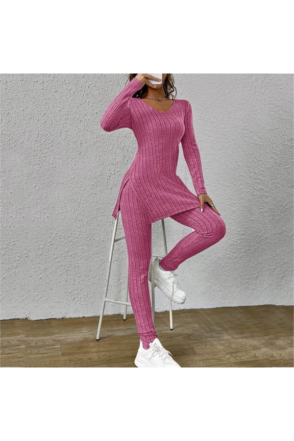 2024 Women Two Piece Outfits Set Long Sleeve V Neck Slit Hem Tee Shirt High Waist Pants Tracksuit Dressy Pant Suits for Women Petite Pant Suits for Women Dressy Wedding Women's plus Suits Dressy Pant