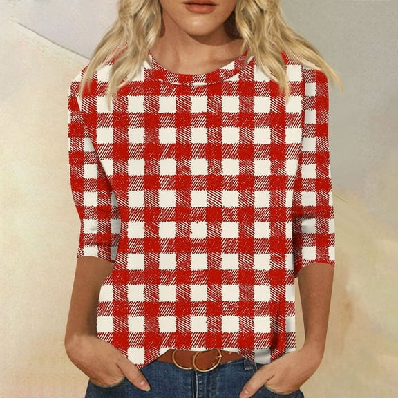 2024 Women Winter Fall Tops Shirts Women's Fashion Loose Casual Seven Split Sleeve Printed Round Neck Top