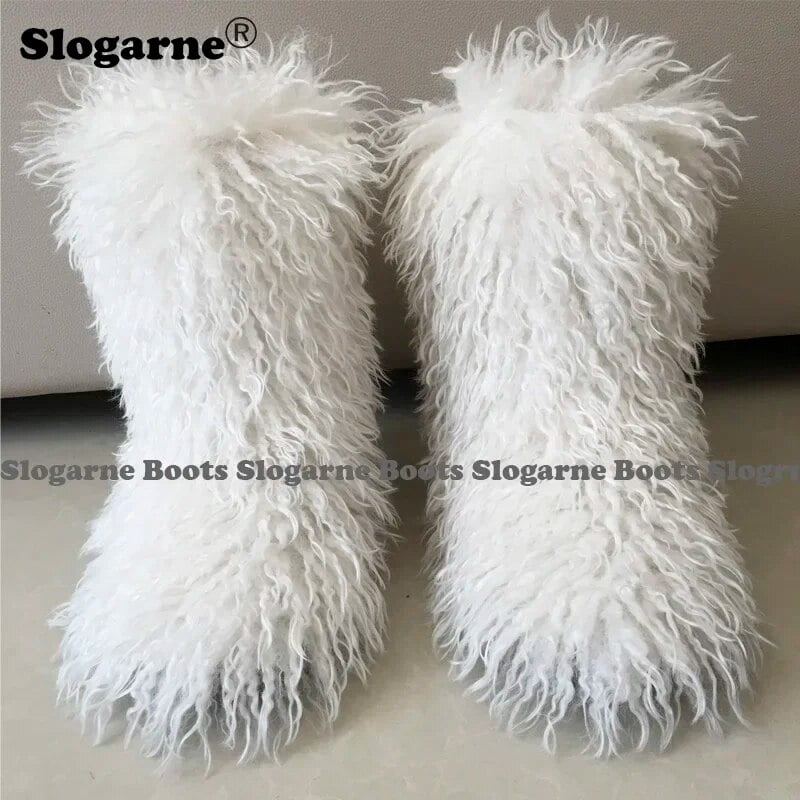 DINTAHA Faux Fur Lined Knee High Snow Boots - Chunky Platform, Bow Detail, 1.97 Inch Heel