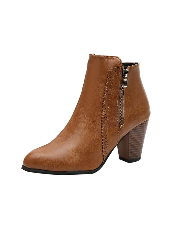 2024 Women's Ankle Boots Low Chunky Heel Comfortable Short Fall Booties Shoes Brown 9.5