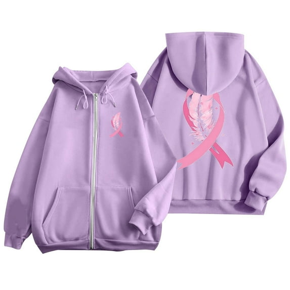 2024 Women's Autumn And Winter Cancer Day Ribbon Feather Print Zipper Long Sleeve Pocket Drawstring Casual Sports Hooded Sweatshirt Women's Sweatshirt Sweatshirt Hoodies Hoodie Dress Women Woman