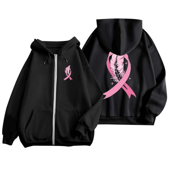2024 Women's Autumn And Winter Cancer Day Ribbon Feather Print Zipper Long Sleeve Pocket Drawstring Casual Sports Hooded Sweatshirt Women's Sweatshirt Sweatshirt Hoodies Hoodie Dress Women Woman