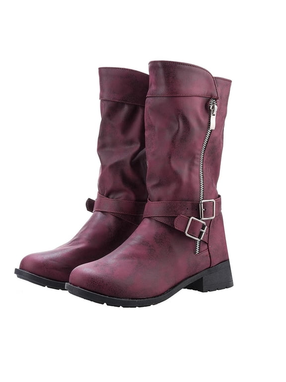 2024 Women's Biker Boots Mid Calf Motorcycle Fashion Festival Boots Combat Riding Military Boots for Women Wine 8.5