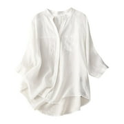 XHUNHO 2024 Women's Blouse Cotton Linen Shirts 3/4 Sleeve Button Down Tops V Neck Casual Blouses Classic Elegant Cardigan Oversized Fall Swing Shirt Ladies Office Work Tee Shirt Sale Clearance