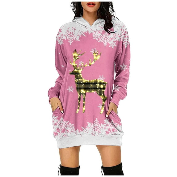 2024 Women's Christmas Black Deer Print Hoodie Casual Dress Festive Holiday Pullover Cozy Sweatshirt Long Sleeve Tunic Top