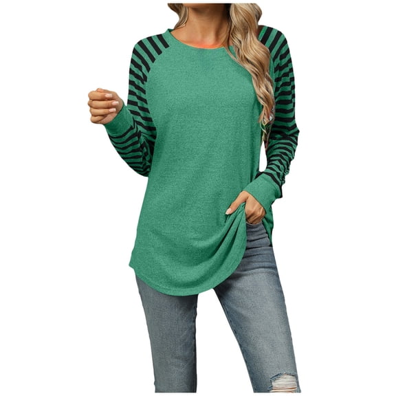 2024 Women's Contrast Stripe Stitching Crew Neck Long Sleeve T-Shirt Elegant Tuxedo Style Casual Top Soft Comfortable Fit Fashion Tee