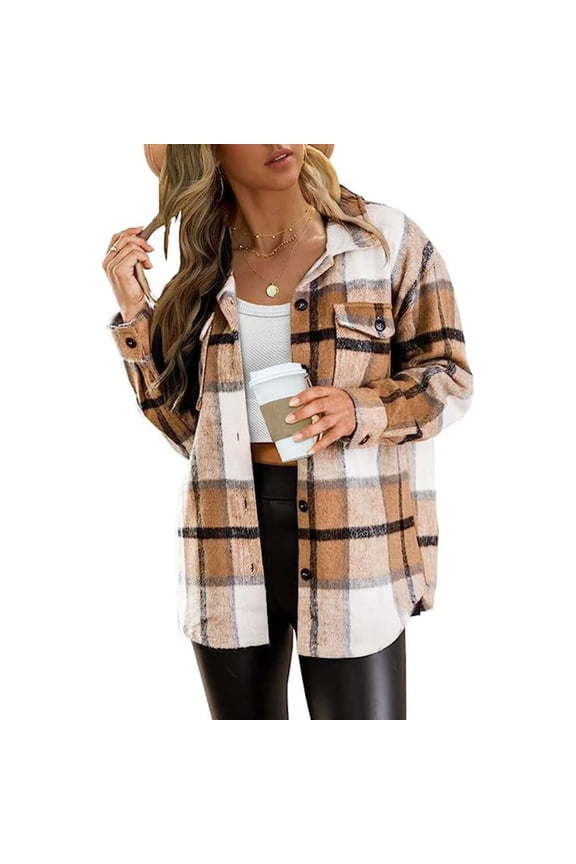 2024  Women's Fall Color Block Plaid Flannel Shacket Jacket Button Down Shirt Coat Tops