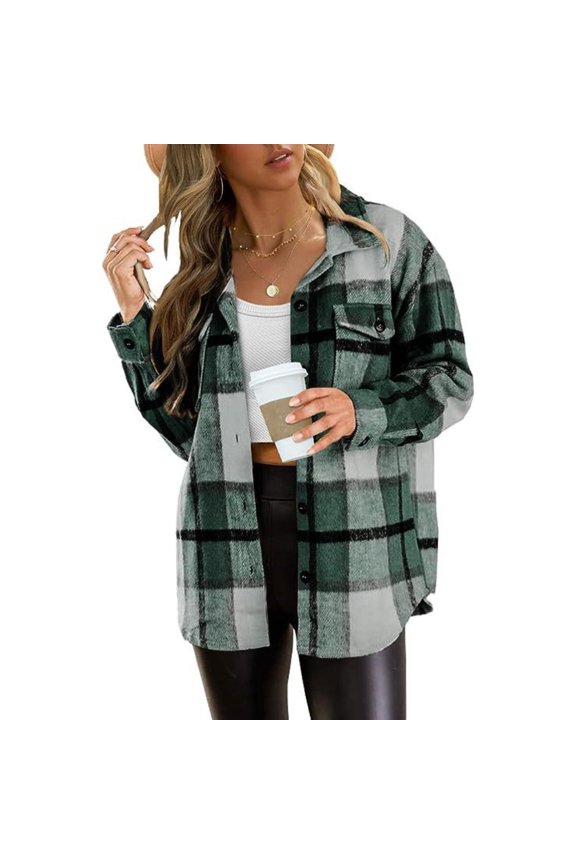 2024  Women's Fall Color Block Plaid Flannel Shacket Jacket Button Down Shirt Coat Tops