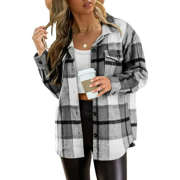 2024 Women's Fall Color Block Plaid Flannel Shacket Jacket Button Down Shirt Coat Tops