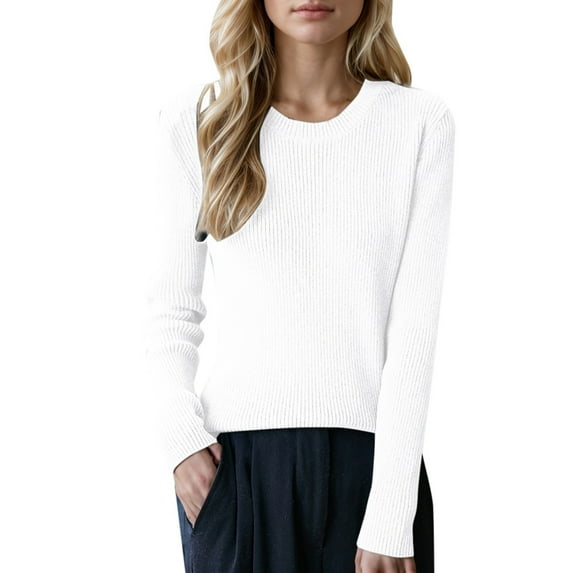 2024 Women's Fall Winter Wool Crew Neck Long Sleeve Soft Ribbed Knit Pullover Thermal Top