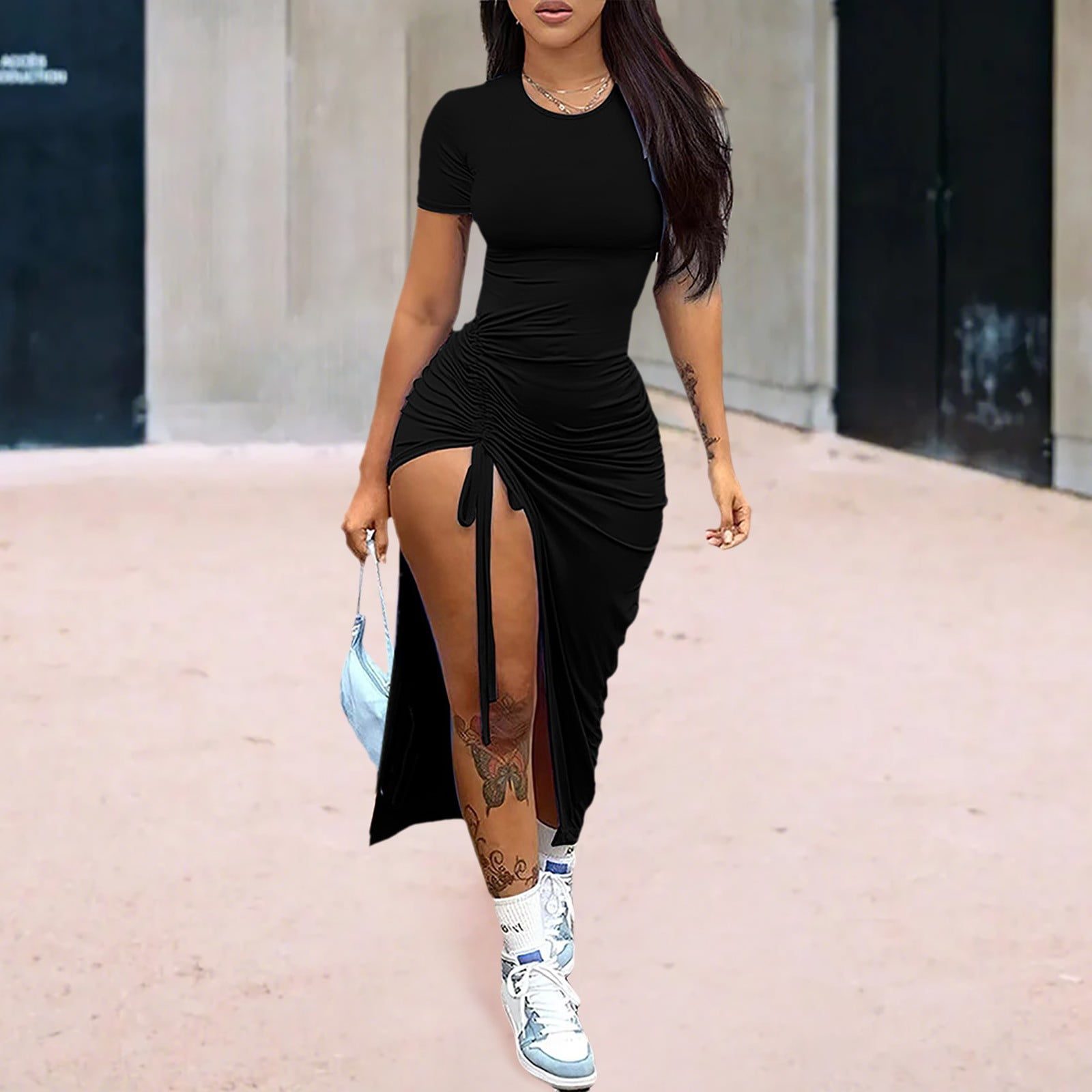 Full-Length Dress with Ruched Waist and Skirt Slit Pool