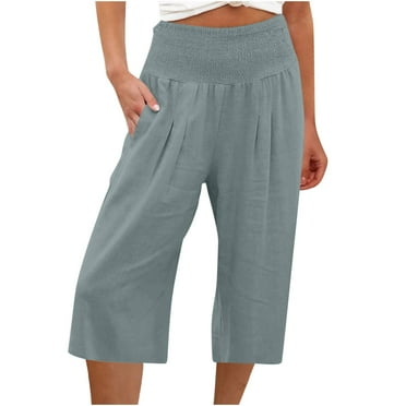 2024 Women's Linen Capri Pants Work Pants High Waisted Capris with Pockets Summer Casual Wide Leg Pants Straight Pants