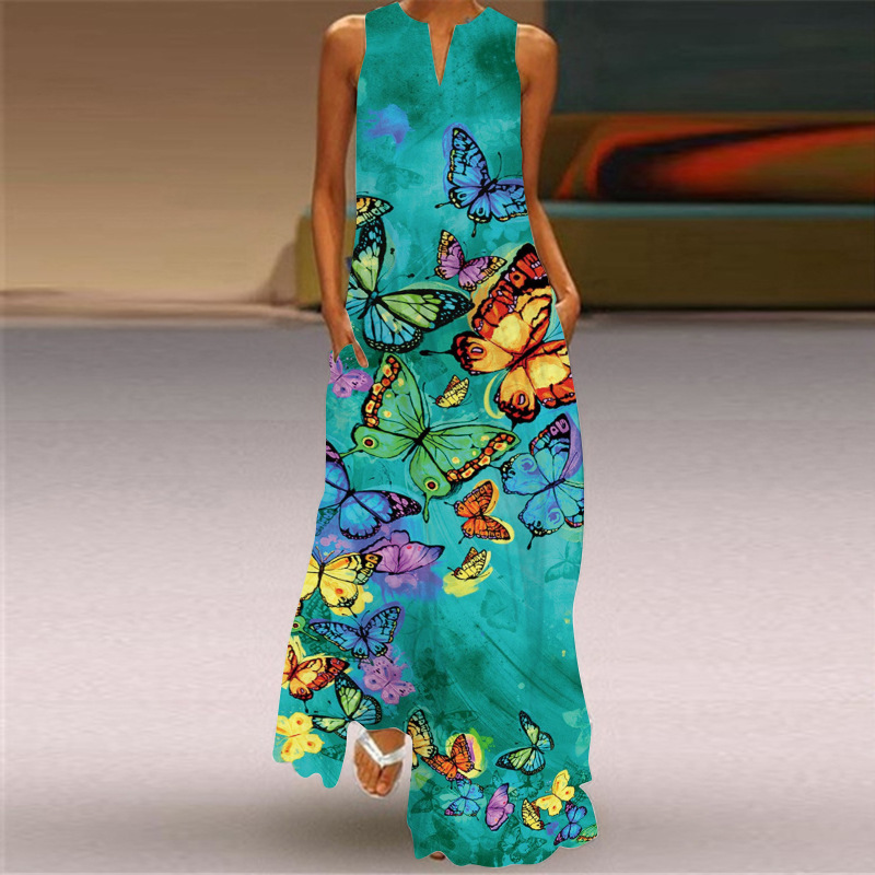 2024 Women's Maxi Dresses 2024 Summer Vintage Style Butterfly Print