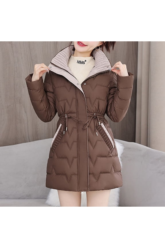 2024 Women's Mid Length Hooded Slim Fit Coat Autumn Winter Fashion Color Block Padded Jacket Cargo Winter Jacket Women Maternity down Coats Women Coalition Jacket Women Hood Olive Lightweight Jacket