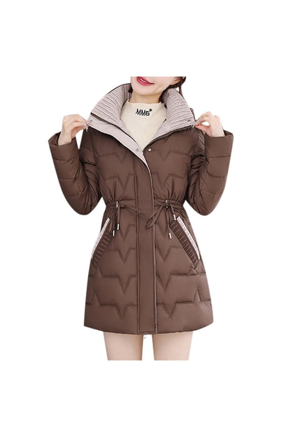 2024 Women's Mid Length Hooded Slim Fit Coat Autumn Winter Fashion Color Block Padded Jacket Warm Windproof for Cold Weather