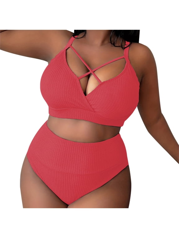 2024 Women's Sexy Plus Size Suspender Bikini - High Waisted Solid Color Swimsuit