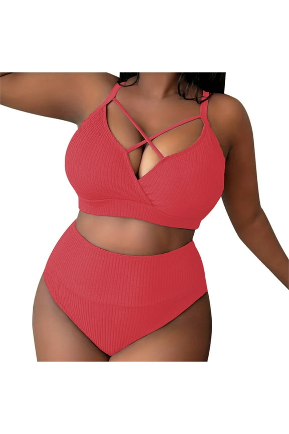 2024 Women's Sexy Plus Size Suspender Bikini - High Waisted Solid Color Swimsuit