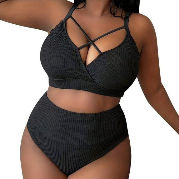 2024 Women's Sexy Plus Size Suspender Bikini - High Waisted Solid Color Swimsuit