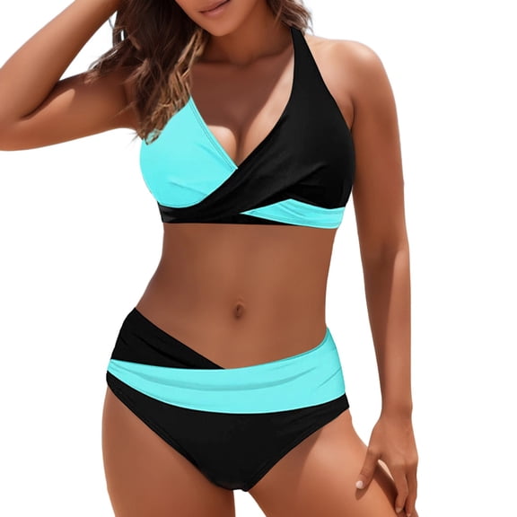 2024 Women's Split Swimsuit Bikini Leaf Print Hanging Neck V Neck Swimsuit