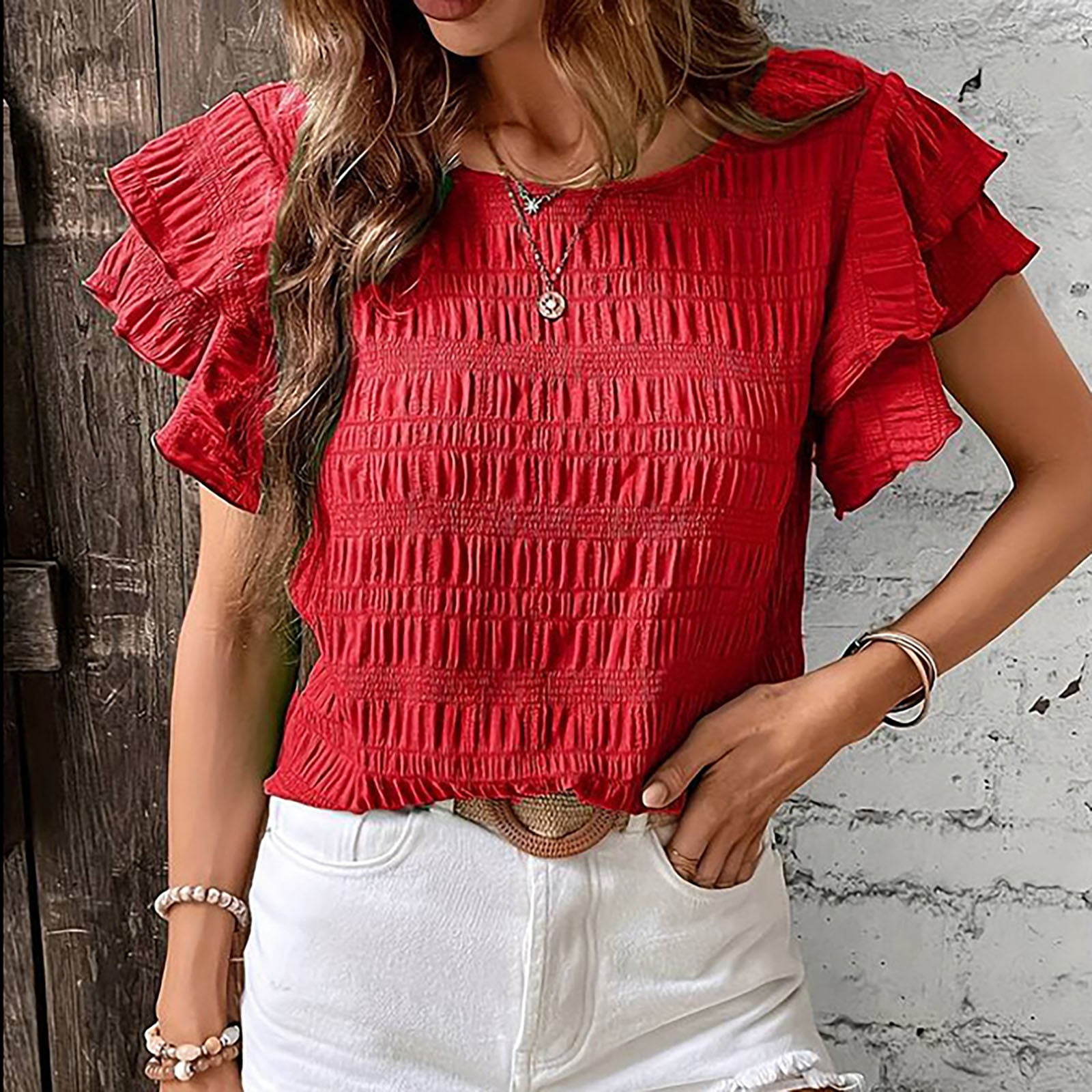 2024 Women's Spring And Summer New Round Neck Double Leaf Sleeve Casual