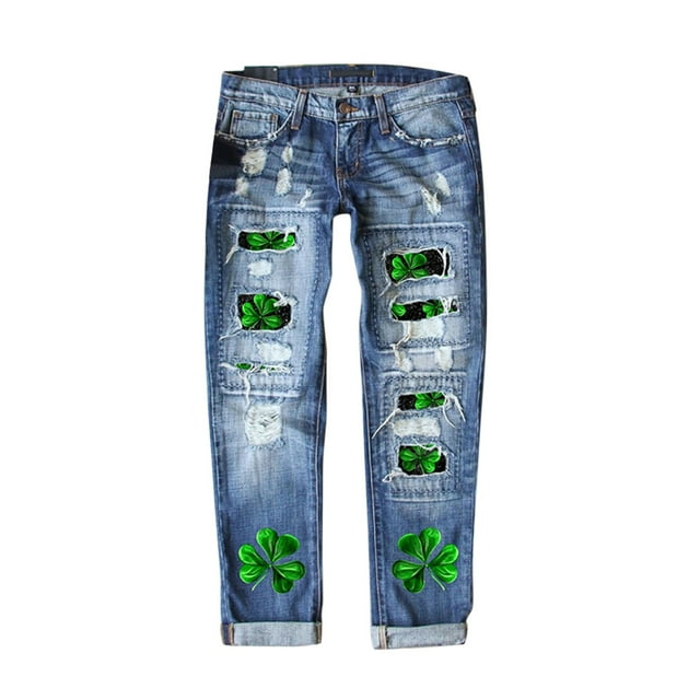 2024 Women's St. Patrick's Day Jeans Print Ripped Casual Denim Pants