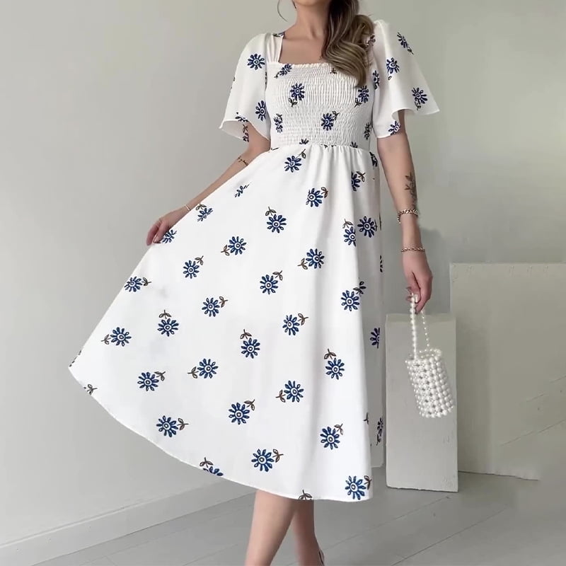 2024 Women's Summer French Square Collar Floral Skirt High Waist Slim