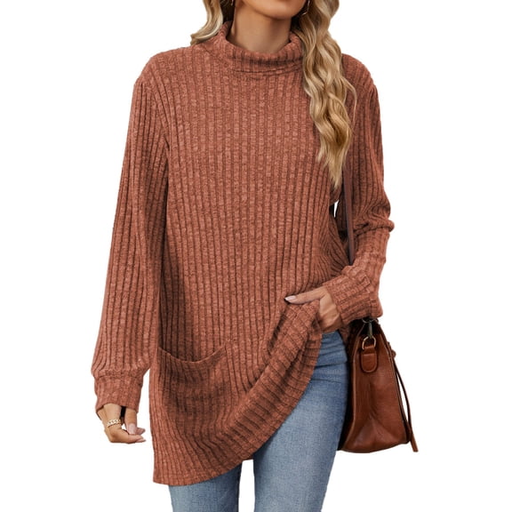 2024 Women's Sweatshirts Tunic Top Trendy Half High Neck Long Sleeve Shirts with Pocket Solid Color Loose Fit Pullover Tops Comfy (Orange,X-Large)