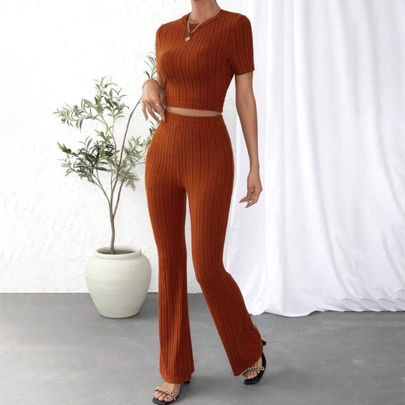 2024 Women's Two Piece Knit Matching Outfits High Neck Slim Fit Tops And Flared Trousers Tracksuit Sets Pantsuit for Women Dressy Business Suit Girls Women's Snow Bib Lady Basketball Jumpsuit Dressy