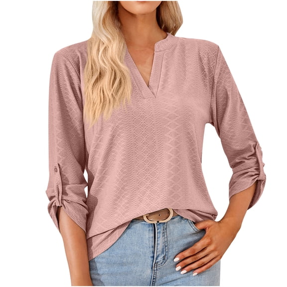 2024 Women's V-Neck Long Sleeve Tops Solid Color Loose-Fit Pullover Winter Trendy Casual Blouse