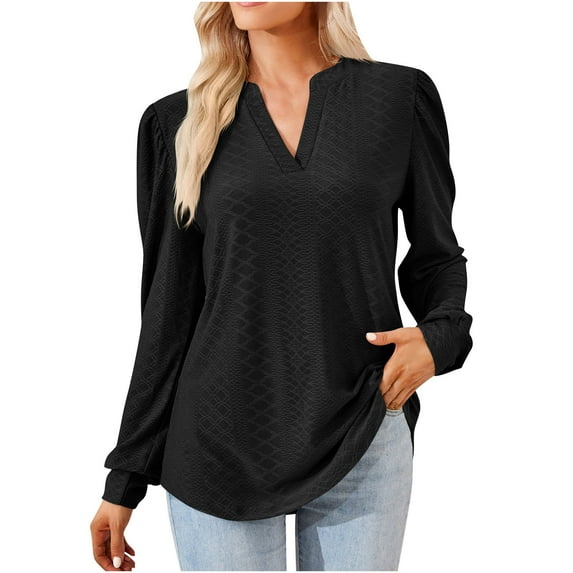 2024 Women's V-Neck Long Sleeve Tops Solid Color Loose-Fit Pullover Winter Trendy Casual Blouse