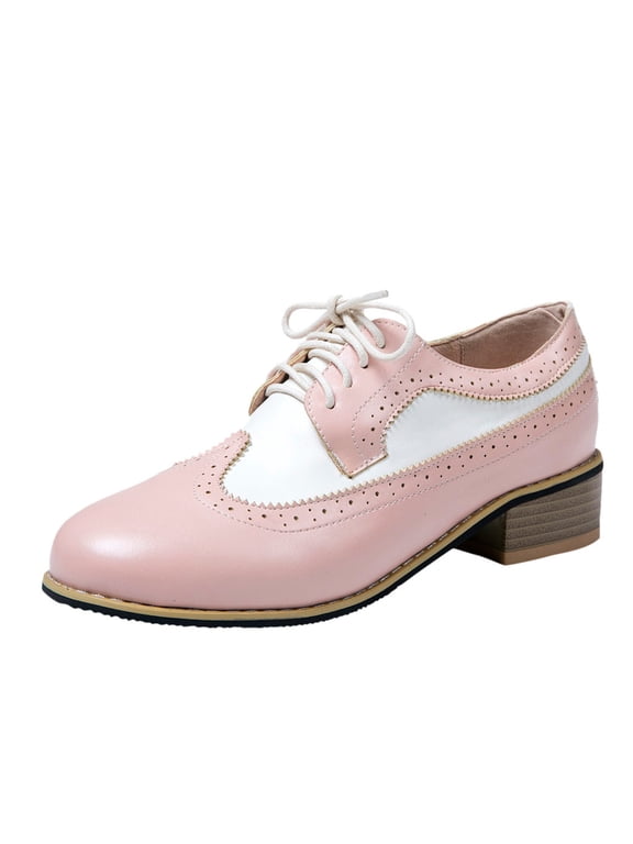 2024 Women's Vintage British Style Shoes Carved Thick Heel Small Shoes Pink 6.5 7