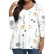 Going Out Tops for Women Fall Plus Size T-Shirts 3/4 Length Sleeve V-Neck Floral Print Shirts Dressy Casual Tunics Fall Outfits for Women 2024 Trendy red 4X-Large