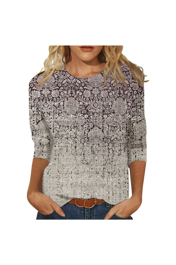 2024 Womens Fall 3/4 Sleeve Tops Floral Print Shirts 3/4 Length Sleeve Round Neck Plus Size Blouse Dressy Casual Tunics Workout Tops for Women Fall Fall Fashion for Women 2024 (Pink)