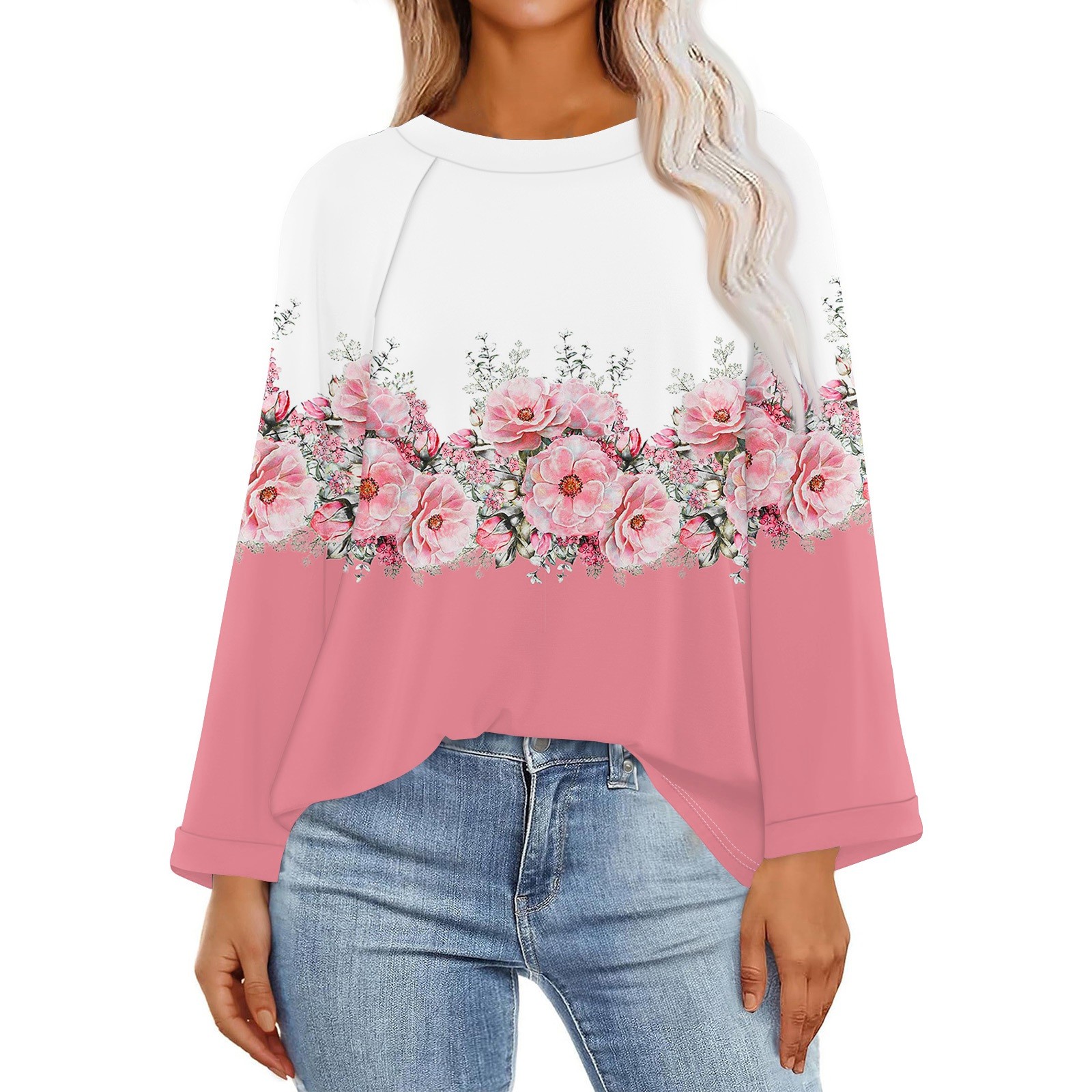 2024 Womens Fall Roll Up Sleeve Tops Floral Print Shirts Crewneck Plus