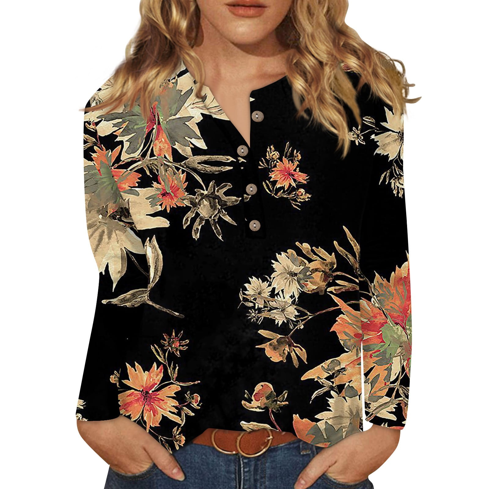 2024 Womens Fall Tops Floral Print Blouse Long Sleeve Crew Neck Tunic