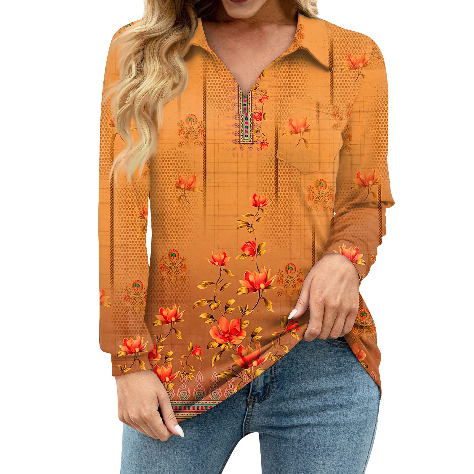 2024 Womens Fall Tops VNeck Polo Shirts Long Sleeve Collared Floral