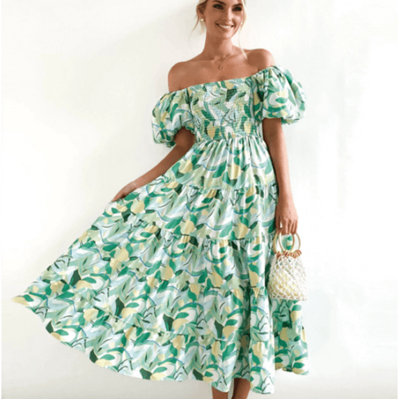 2024 Womens Maxi Dress Off Shoulder Floral Print Boho Beach Long Summer Dresses