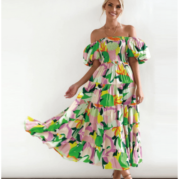 2024 Womens Maxi Dress Off Shoulder Floral Print Boho Beach Long Summer Dresses