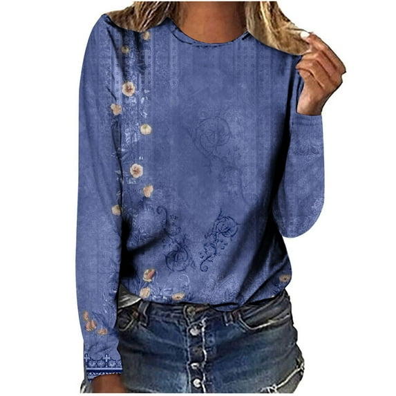 2024 Womens Round Neck Long Sleeve Tops Vintage Floral Printer Pullover Trendy Loose-Fit Casual T-Shirts Blouse