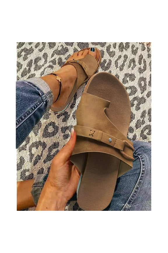 2024 Womens Sandals Flat Comfy Non-Slip PU Leather Footbed, Bunion Correction Sandals, Ladies Comfort Flip-Flop Suitable for Feet and Plantar Fasciitis